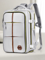 Large Oxford cloth multifunction backpack in white with brown accents and multiple compartments