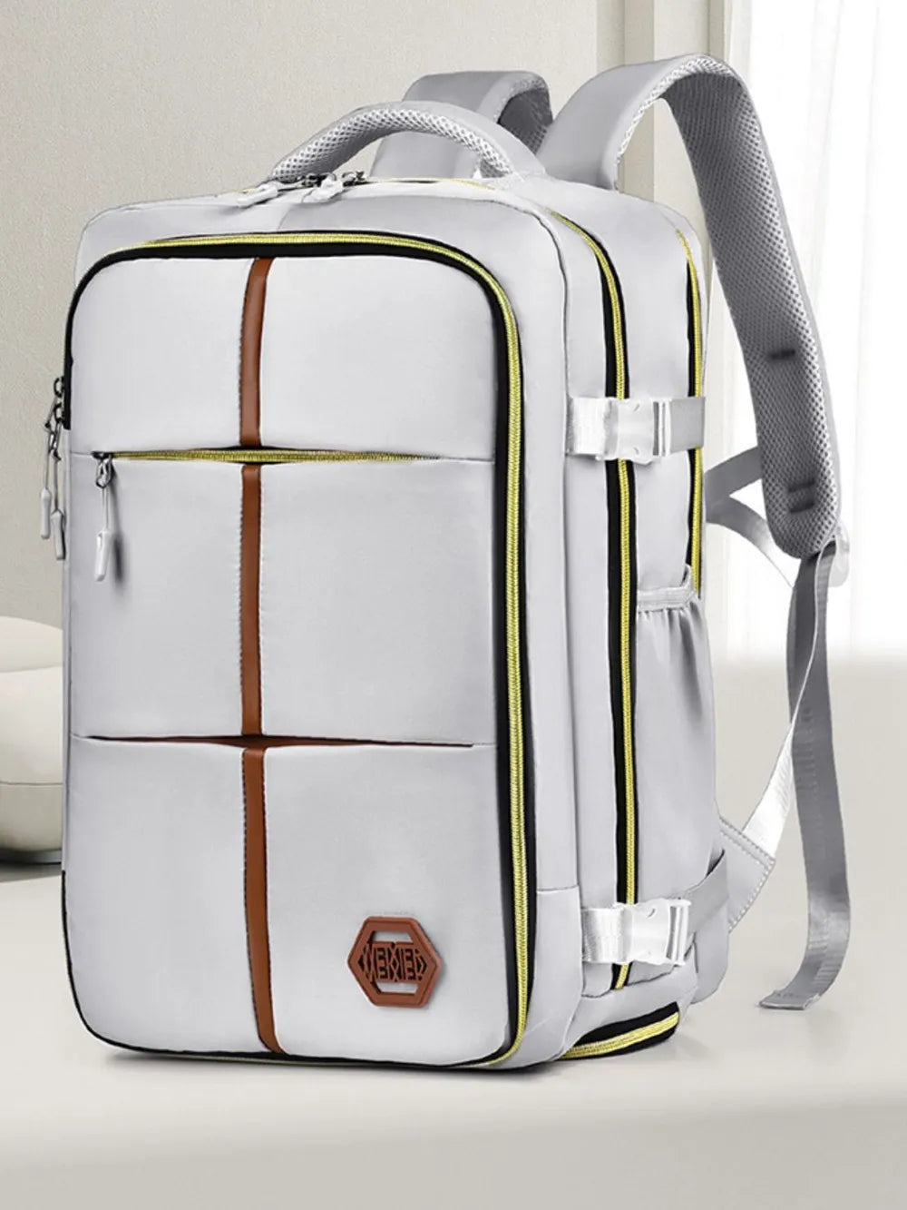 Large Oxford cloth multifunction backpack in white with brown accents and multiple compartments