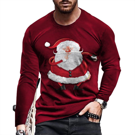 Men's long-sleeved round neck pullover featuring a cartoon Santa design, red color, polyester blend.