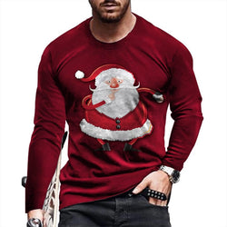 Men's long-sleeved round neck pullover featuring a cartoon Santa design, red color, polyester blend.