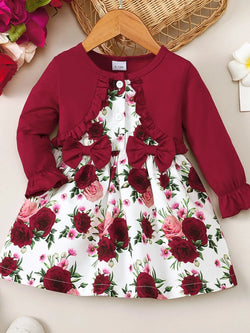 Frill floral round neck baby dress with flounce sleeves and bow detail in red and white floral polyester fabric
