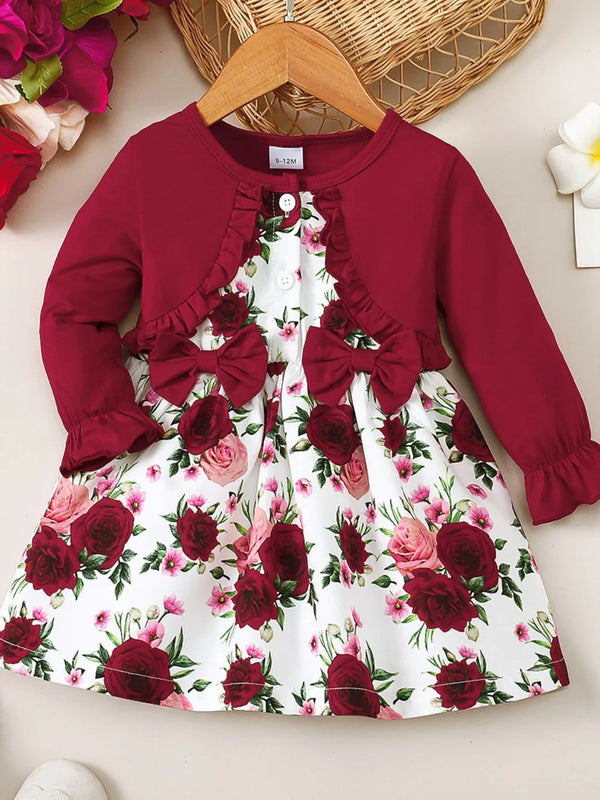 Frill floral round neck baby dress with flounce sleeves and bow detail in red and white floral polyester fabric