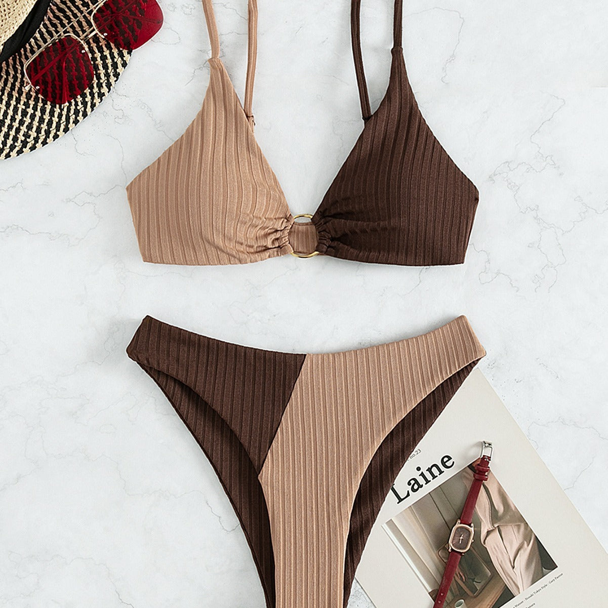 Solid color stitching bikini in brown tones with briefs style, for swimming and wading activities.