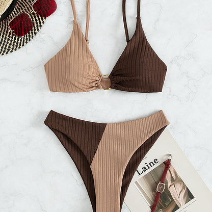 Solid color stitching bikini in brown tones with briefs style, for swimming and wading activities.