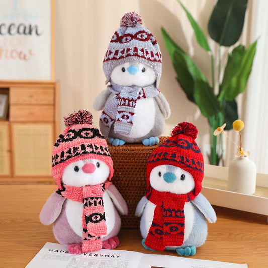 Fashion personality penguin doll plush toys in blue, red, and pink for teenagers, 30CM tall.