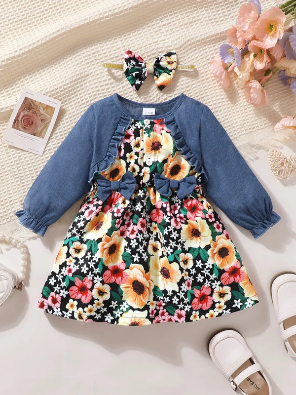 Children's ruffled bow dress with floral print and matching headband