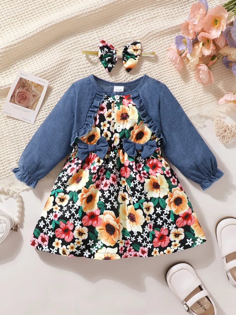 Children's ruffled bow dress with floral print and matching headband