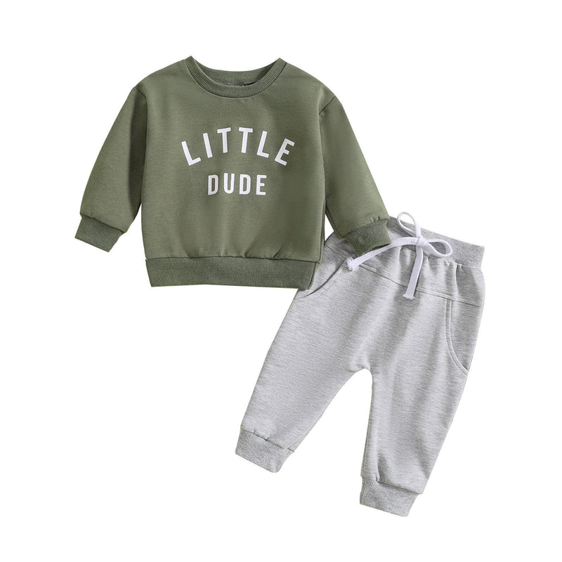 Boys' Round Neck Letter Print Top Solid Color Trousers Two-piece Set