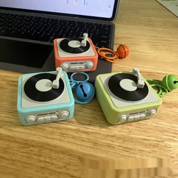 Girls' bag solid color phonograph pendants in orange, blue, and green with keychain.