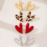4 pair heart stud earrings in gold, leopard print, red, and silver finish