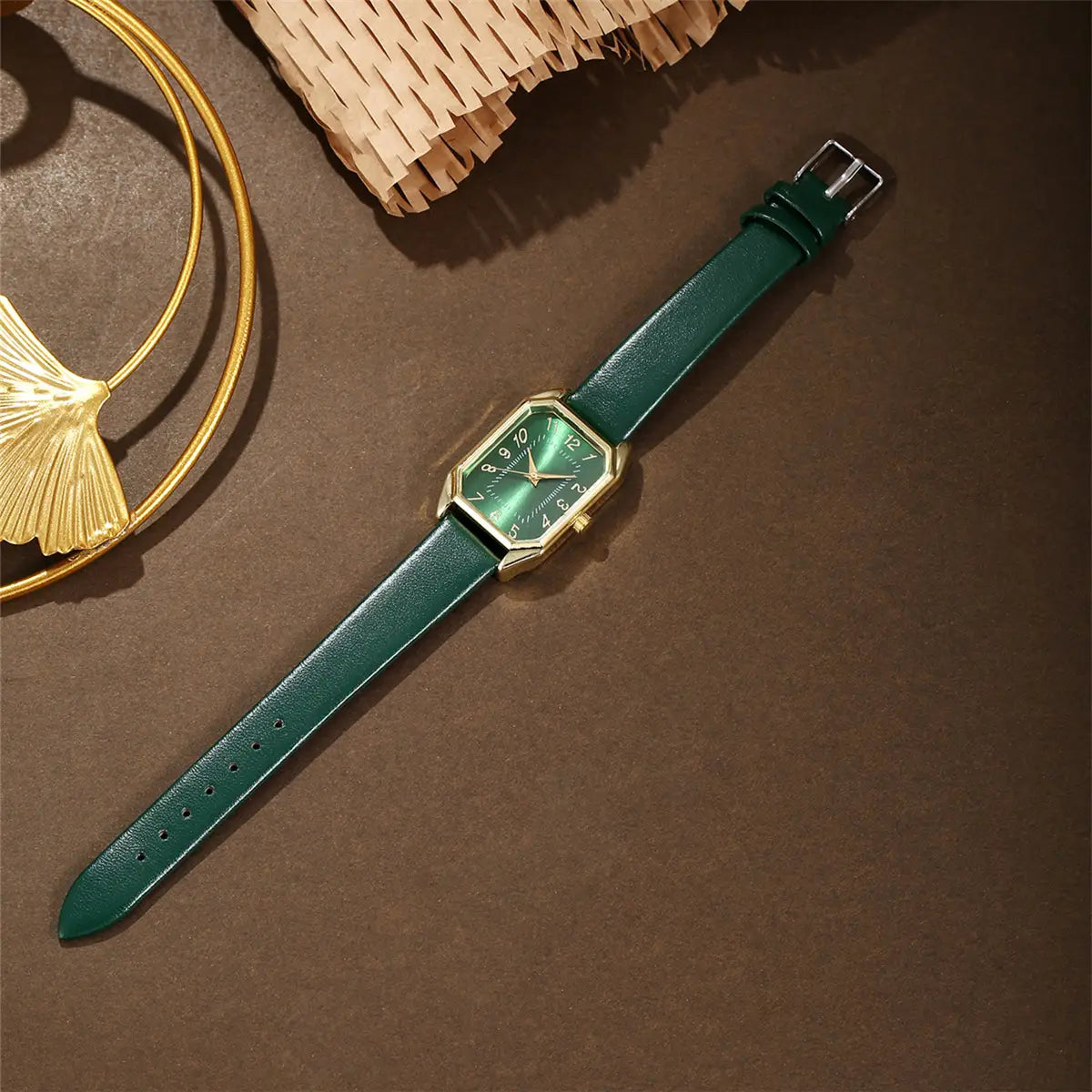 Leather Women’s Watch Square Quartz Watch Korean Necklace Earrings Ring Set