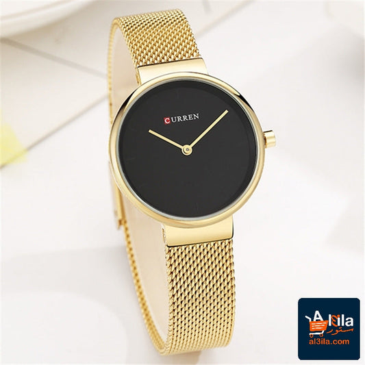 Fashion water quartz watch with gold mesh belt and black dial for women.