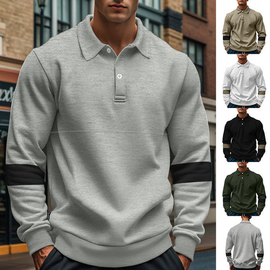 Men's long-sleeved lapel polo shirt in various colors, casual and sporty design.