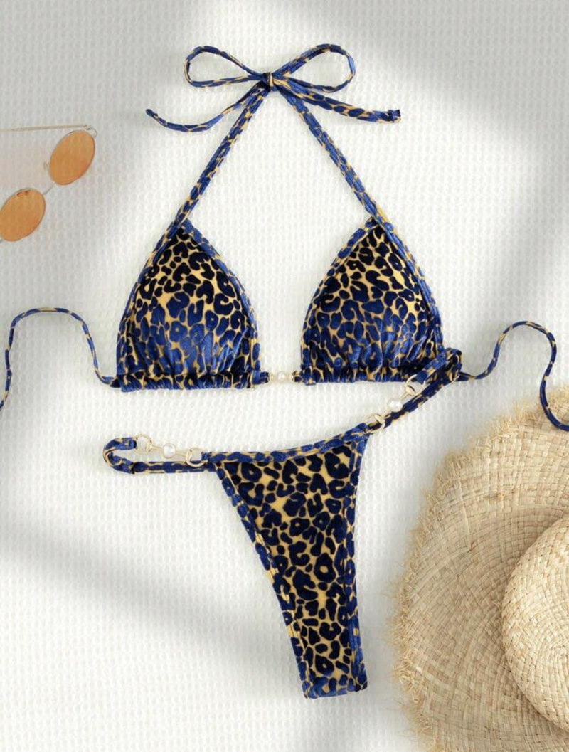 T-shaped Pearl Leopard Special Fabric Swimwear Swimsuit Bikini