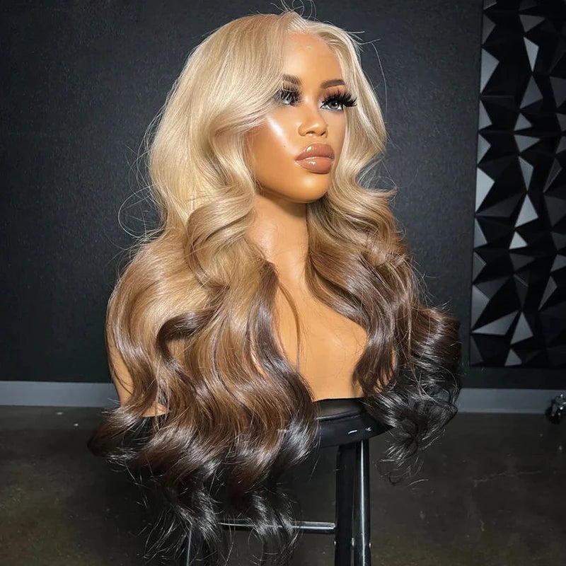Highlight honey blonde loose wave lace front wig for women, hand-woven, long curly style with side bangs, suitable for any face and skin type.