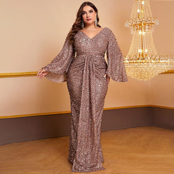 Women's sequin long-sleeved V-neck pleated dress in camel, featuring ruffle sleeves and an elegant hip skirt design.