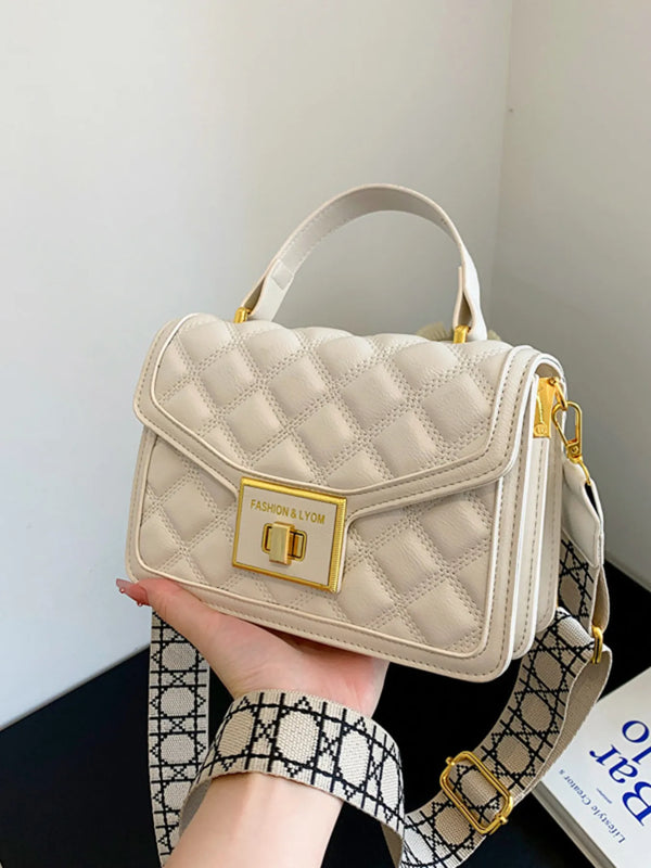 Small beige quilted adjustable strap shoulder bag in PU leather with gold hardware