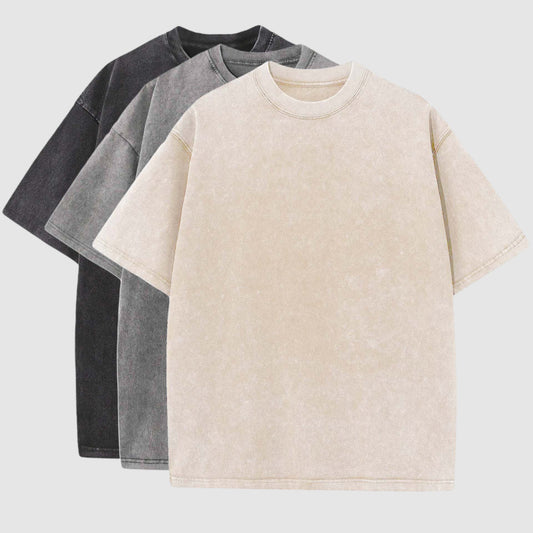 Cotton heavy distressed drop shoulder retro loose short sleeve shirts in black, gray, and apricot.