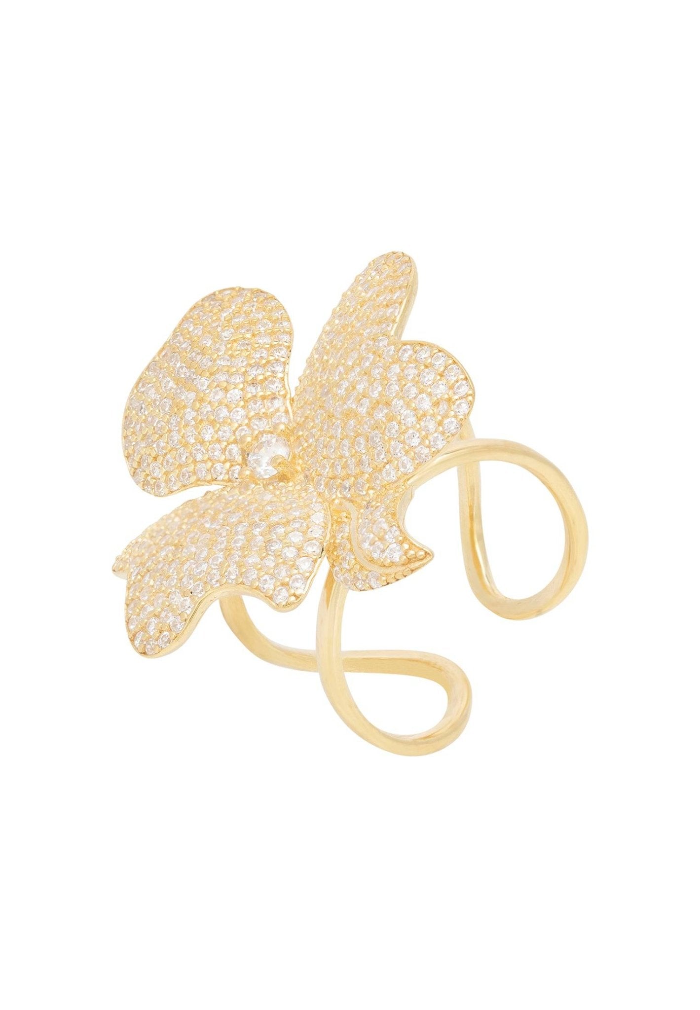 Gold flower cocktail ring with sparkling cubic zirconia on adjustable double bands