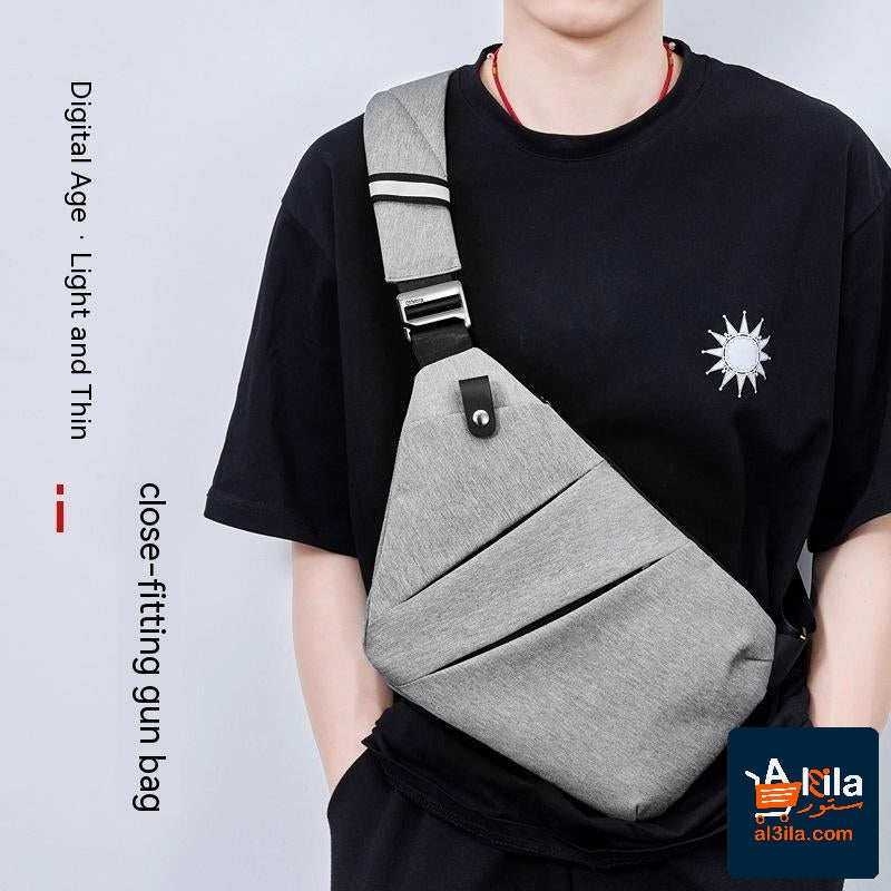 Men's fashion casual travel sling crossbody bag in gray with solid pattern and anti-theft features.