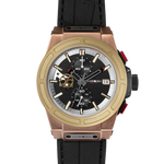 Otto Chrono Gold watch with rose gold case, yellow gold bezel, black carbon fiber dial, and black silicone strap