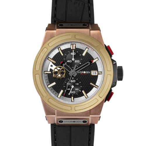 Otto Chrono Gold watch with rose gold case, yellow gold bezel, black carbon fiber dial, and black silicone strap