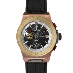 Otto Chrono Gold watch with rose gold case, yellow gold bezel, black carbon fiber dial, and black silicone strap
