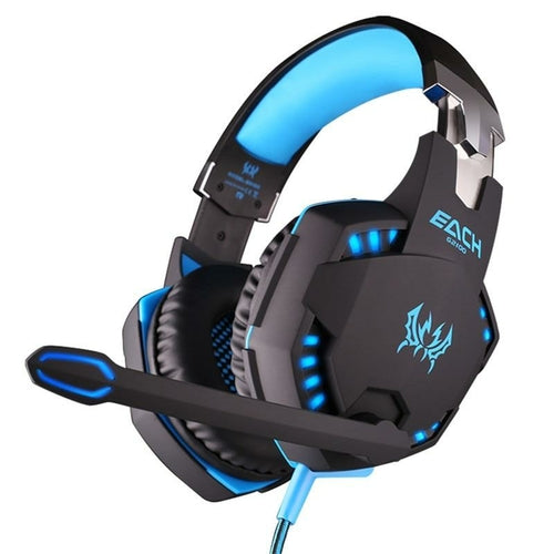 Blue and black LED vibration gaming headphone with microphone and cushioned ear cups
