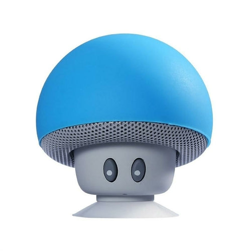 Portable wireless mushroom-shaped Bluetooth speaker with built-in mic and suction cup phone stand in blue color