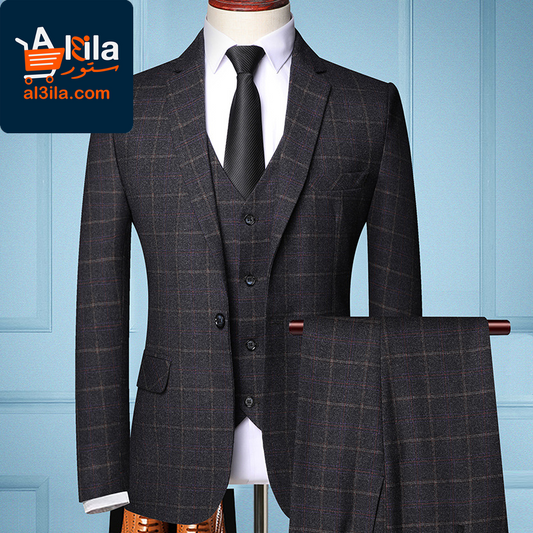 Elevate Your Style with Our Men's Three-Piece Plaid Suit: Trendy Jacket for Groom's Wedding Attire