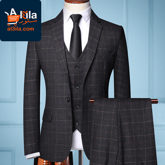 Elevate Your Style with Our Men's Three-Piece Plaid Suit: Trendy Jacket for Groom's Wedding Attire