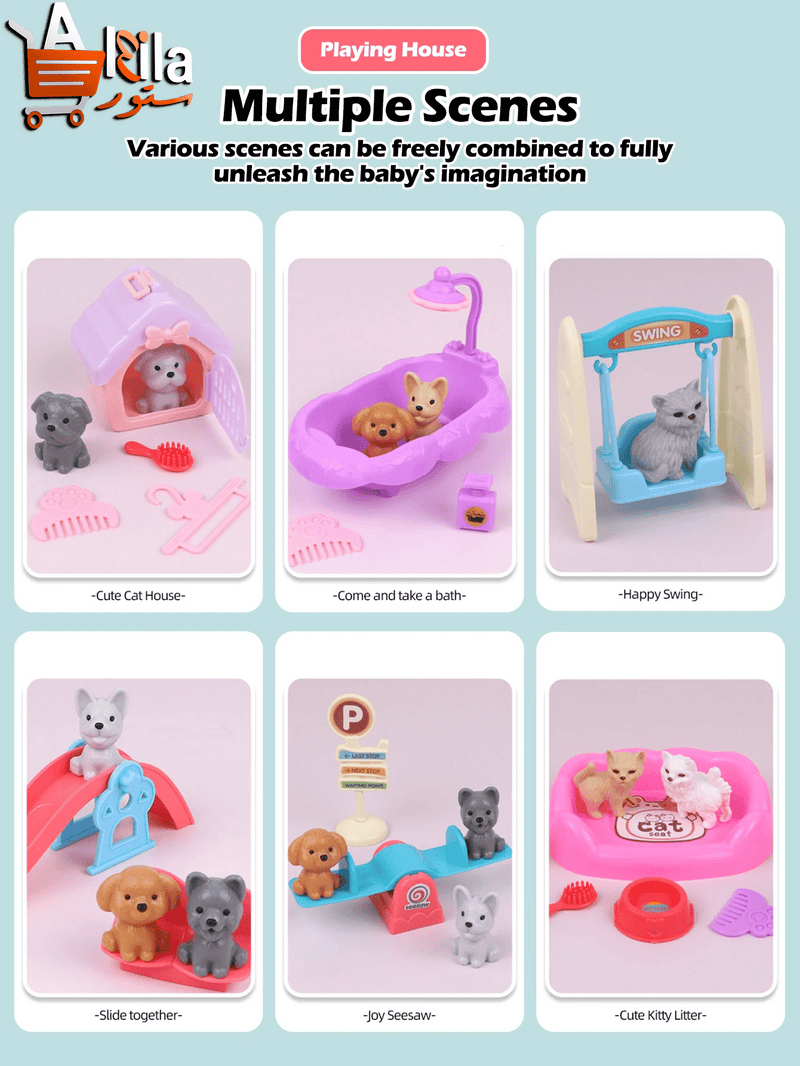 Cute Dog & Cat Family Pet Basket Playset - Interactive Doll Set for Role Playing and Holiday Decor