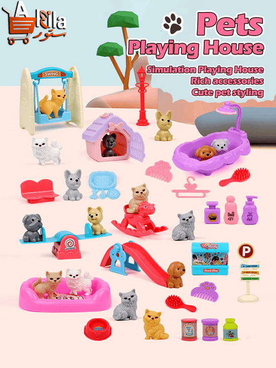 Cute Dog & Cat Family Pet Basket Playset - Interactive Doll Set for Role Playing and Holiday Decor