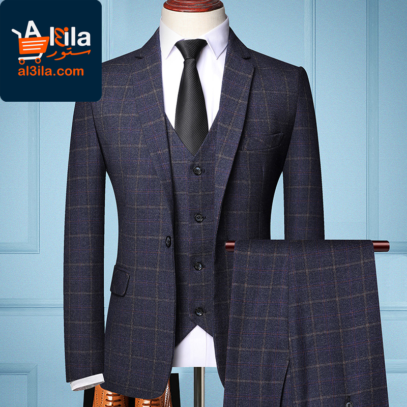 Elevate Your Style with Our Men's Three-Piece Plaid Suit: Trendy Jacket for Groom's Wedding Attire