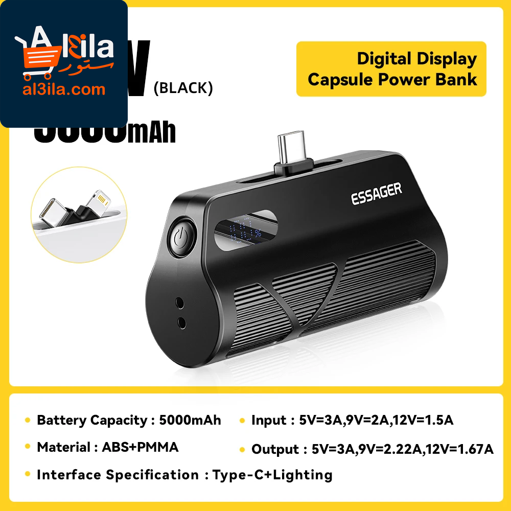 5000mAh Mini Capsule Power Bank with Type-C Fast Charging and Digital Display for iPhone 16