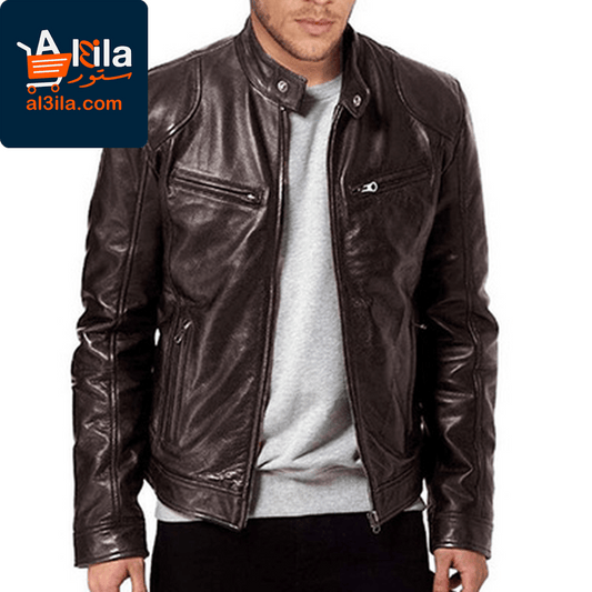 Men's Slim Fit PU Leather Jacket – Stylish Outerwear in Khaki, Brown, and Black