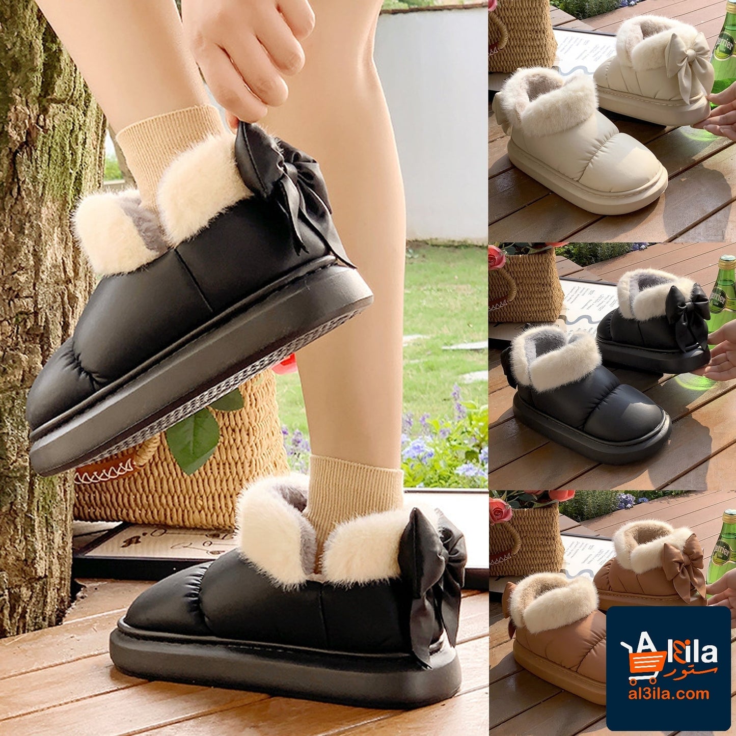 Winter women cute warm ankle boots with non-slip thick sole, furry bow, and PU waterproof design.